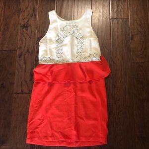 NWOT cream and red/orange peplum dress